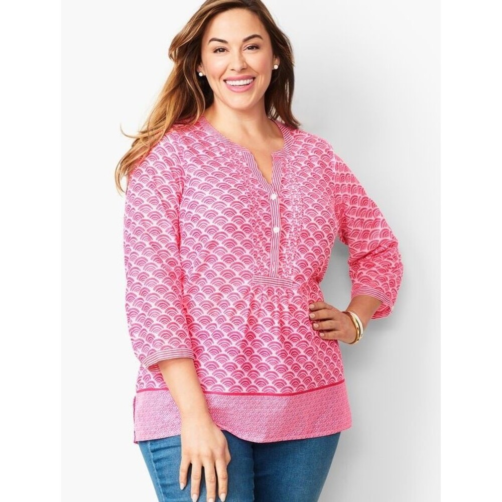 Talbots Printed Pintuck Popover Cotton Blouse Top 1X